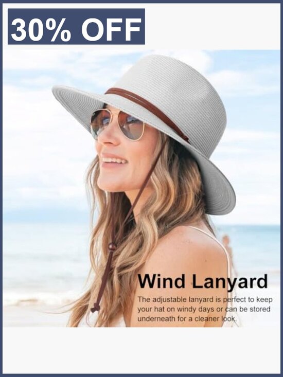 Wide Brim Straw Sun Hat with Chin Strap UPF 50+ Fedora Bucket Hat main image 4